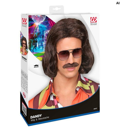 "BRAUNE 70er JAHRE DANDY PERÜCKE MIT SCHNURRBART" in Box