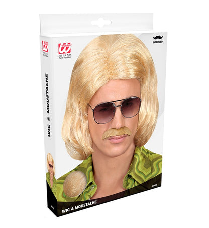 "BLONDE 70er JAHRE DANDY PERÜCKE MIT SCHNURRBART" in Box