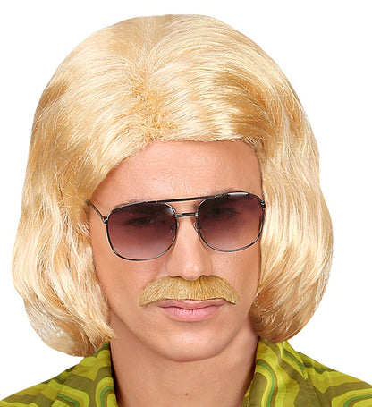 "BLONDE 70er JAHRE DANDY PERÜCKE MIT SCHNURRBART" in Box