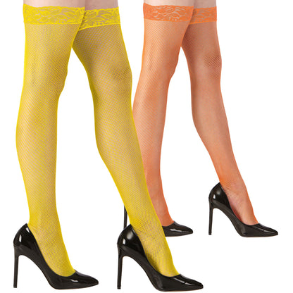 "NEON HALTERLOSE NETZSTRÜMPFE MIT SPITZE" in 4 Farben sort.: rosa, gelb, orange, grün