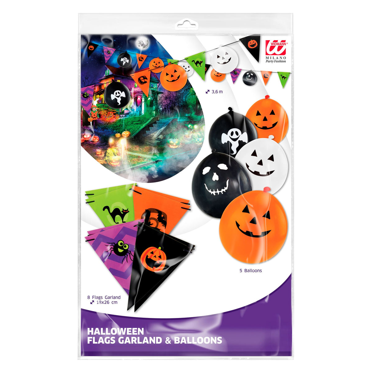 "HALLOWEEN GIRLANDE" (8 Flaggen 18x26 cm + 5 Ballons) - 3,6 m
