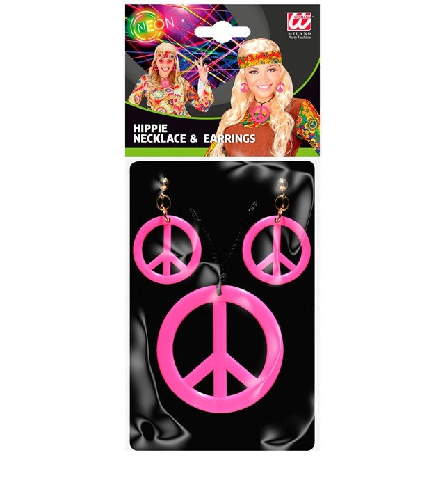 "NEON PINKES HIPPIE SET PEACE KETTE & OHRRINGE"