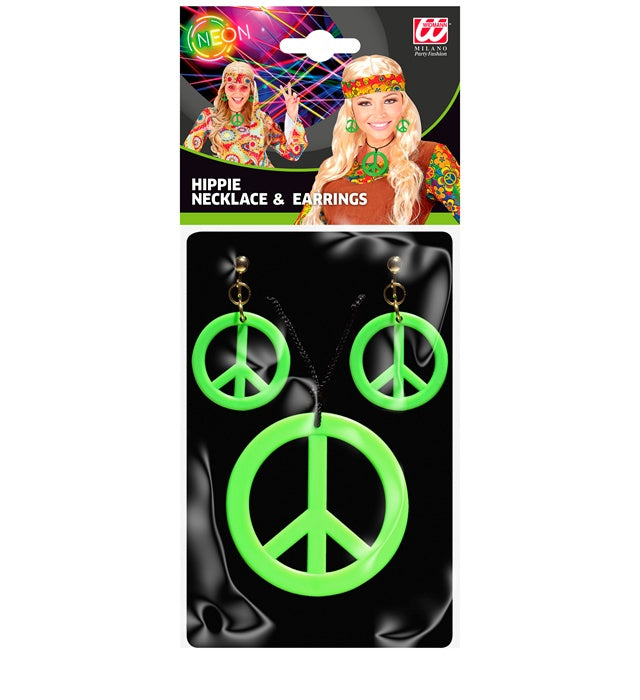 "NEON GRÜNES HIPPIE SET PEACE KETTE & OHRRINGE"