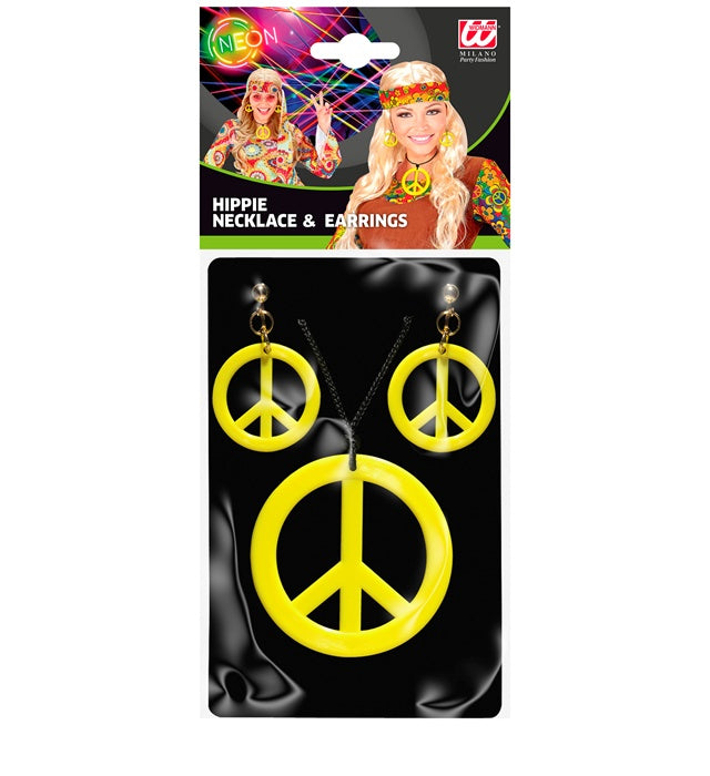 Neon gelbes Hippie-Set mit Peace-Kette und Ohrringen von Widmann – Detailansicht