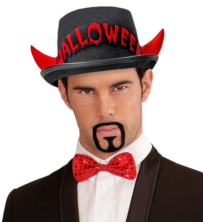 Widmann schwarzer Halloween-Zylinder mit roten reflektierenden Hörnern, 11 cm – Seitenansicht