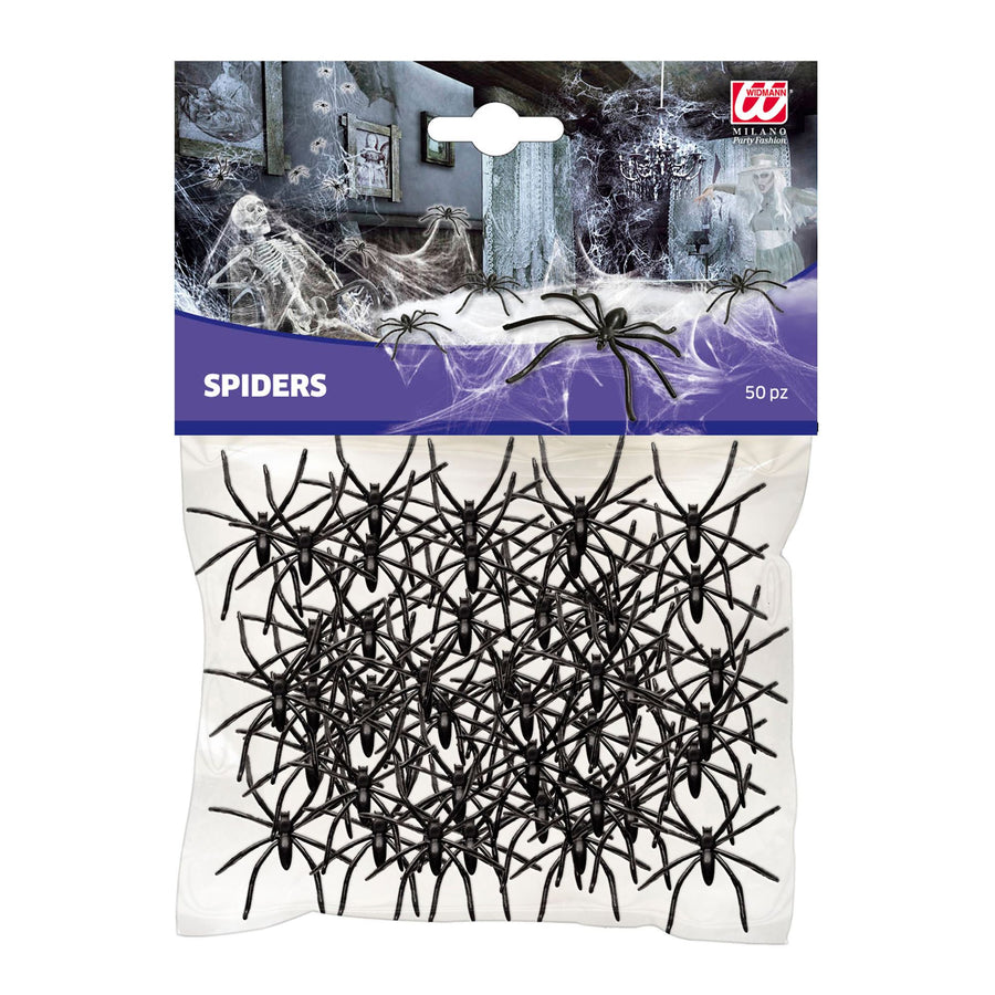 Widmann Set mit 50 schwarzen Spinnen für Halloween-Dekoration – Produktansicht