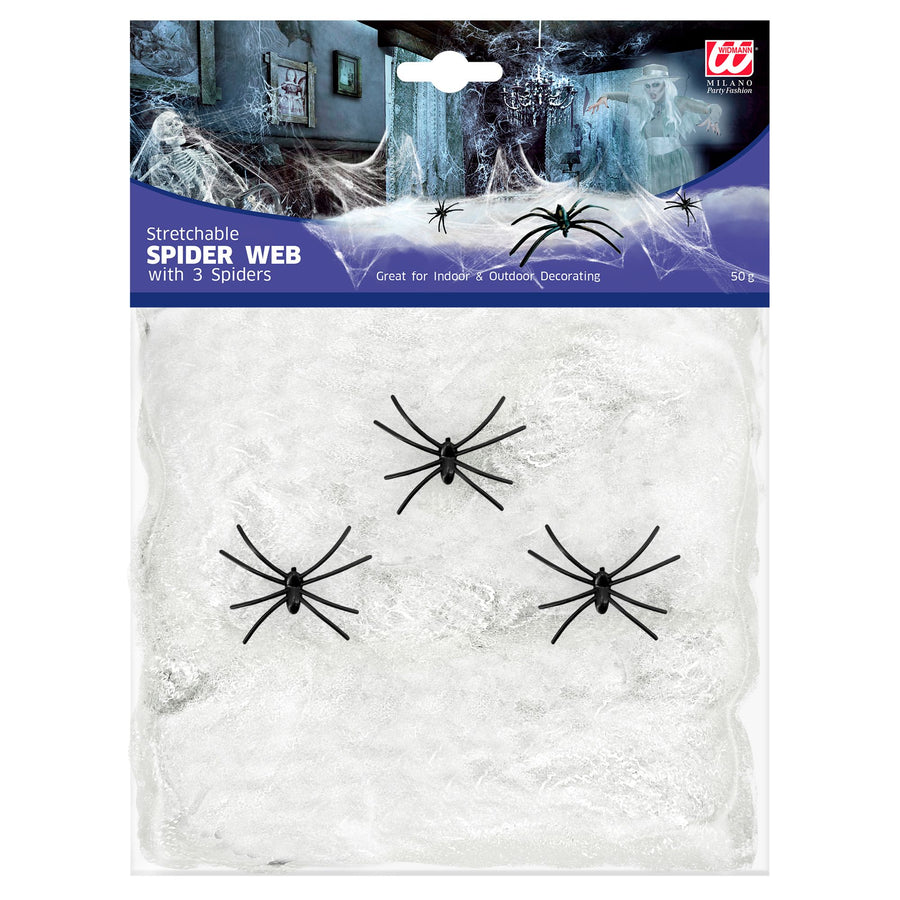 Widmann Weisses Spinnennetz mit 3 Spinnen für Halloween-Dekoration – Produktansicht