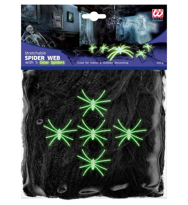 Widmann Schwarzes Halloween-Spinnennetz mit 5 im Dunkeln leuchtenden Spinnen – Produktansicht