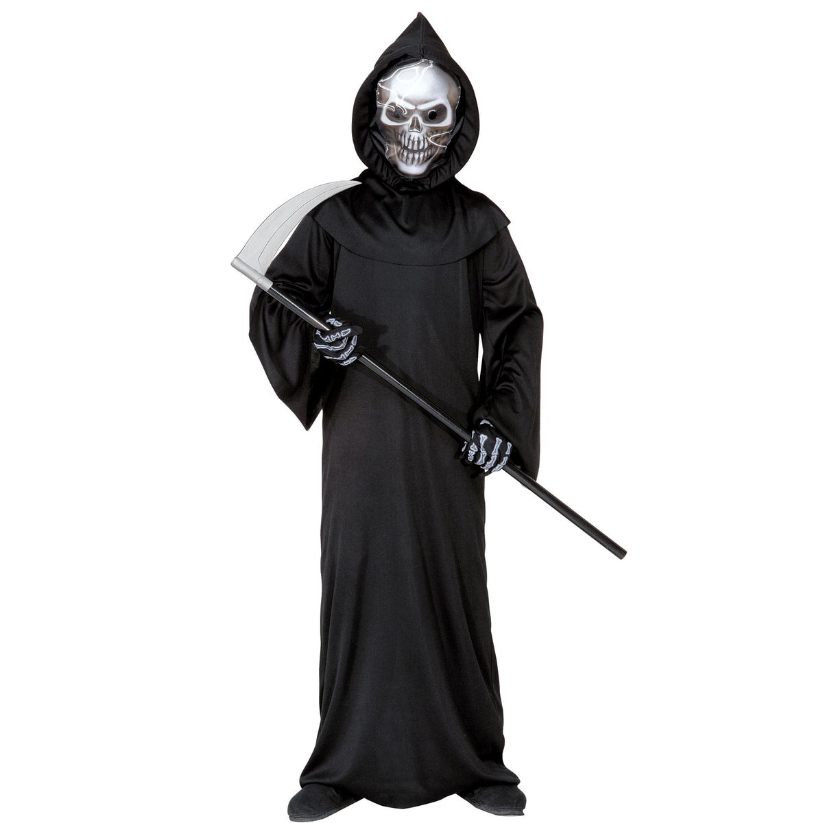 "SENSEMANN" (Robe, holografische Totenkopfmaske mit Kapuze. Knochenhandschuhe)