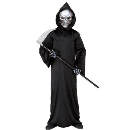 "SENSEMANN" (Robe, holografische Totenkopfmaske mit Kapuze. Knochenhandschuhe)
