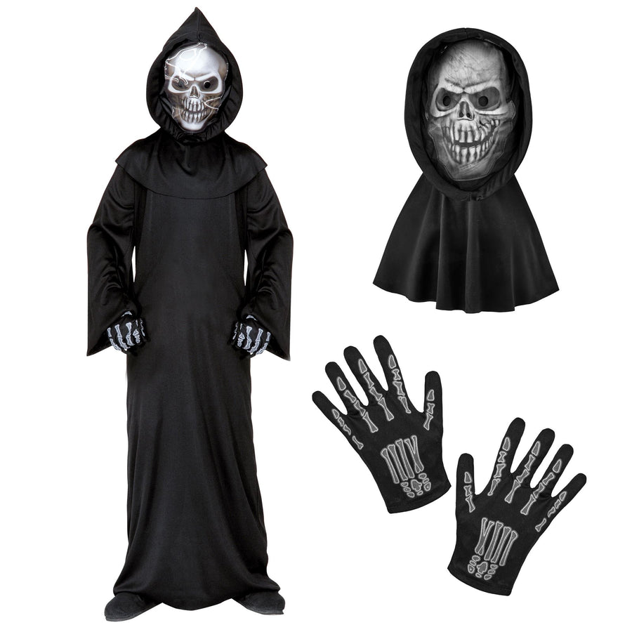 Widmann Sensemann-Kostüm für Kinder mit schwarzer Robe, holografischer Totenkopfmaske mit Kapuze und Knochenhandschuhen – Det