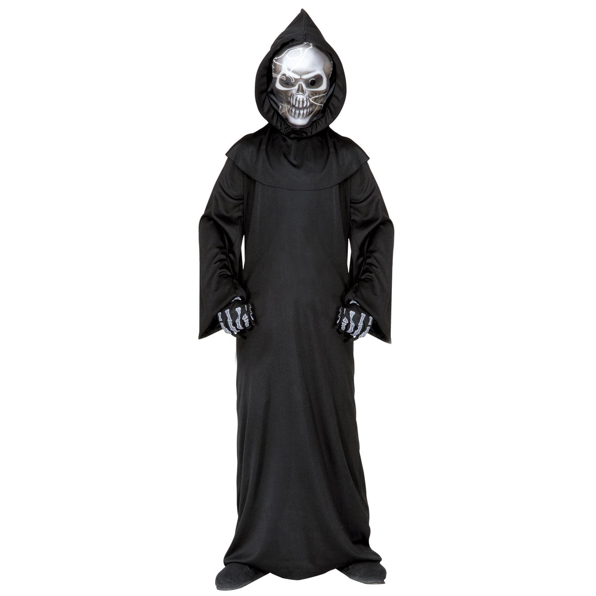 "SENSEMANN" (Robe, holografische Totenkopfmaske mit Kapuze. Knochenhandschuhe)