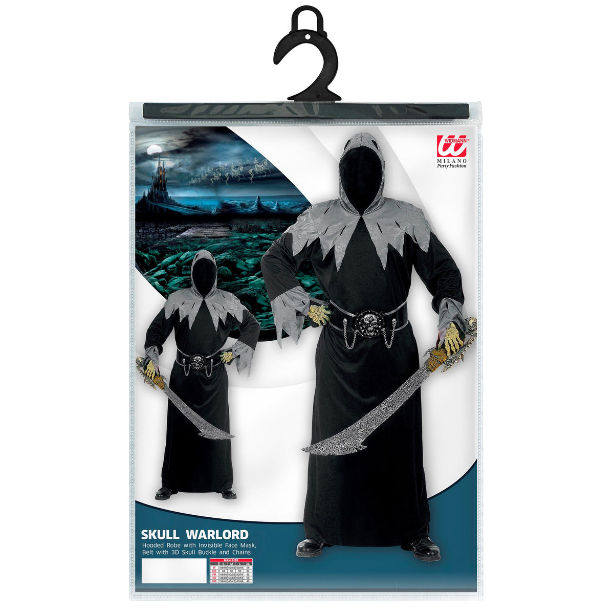 "SKULL WARLORD" (Robe mit Kapuze und Maske unsichtbares Gesicht, Gürtel mit Schnalle & Totenschädel & Ketten)