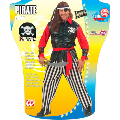 "PIRAT" (Hemd mit Weste und leuchtendem Totenkopf, Armbänder, Hose, Gürtel, Kopftuch, Augenklappe)