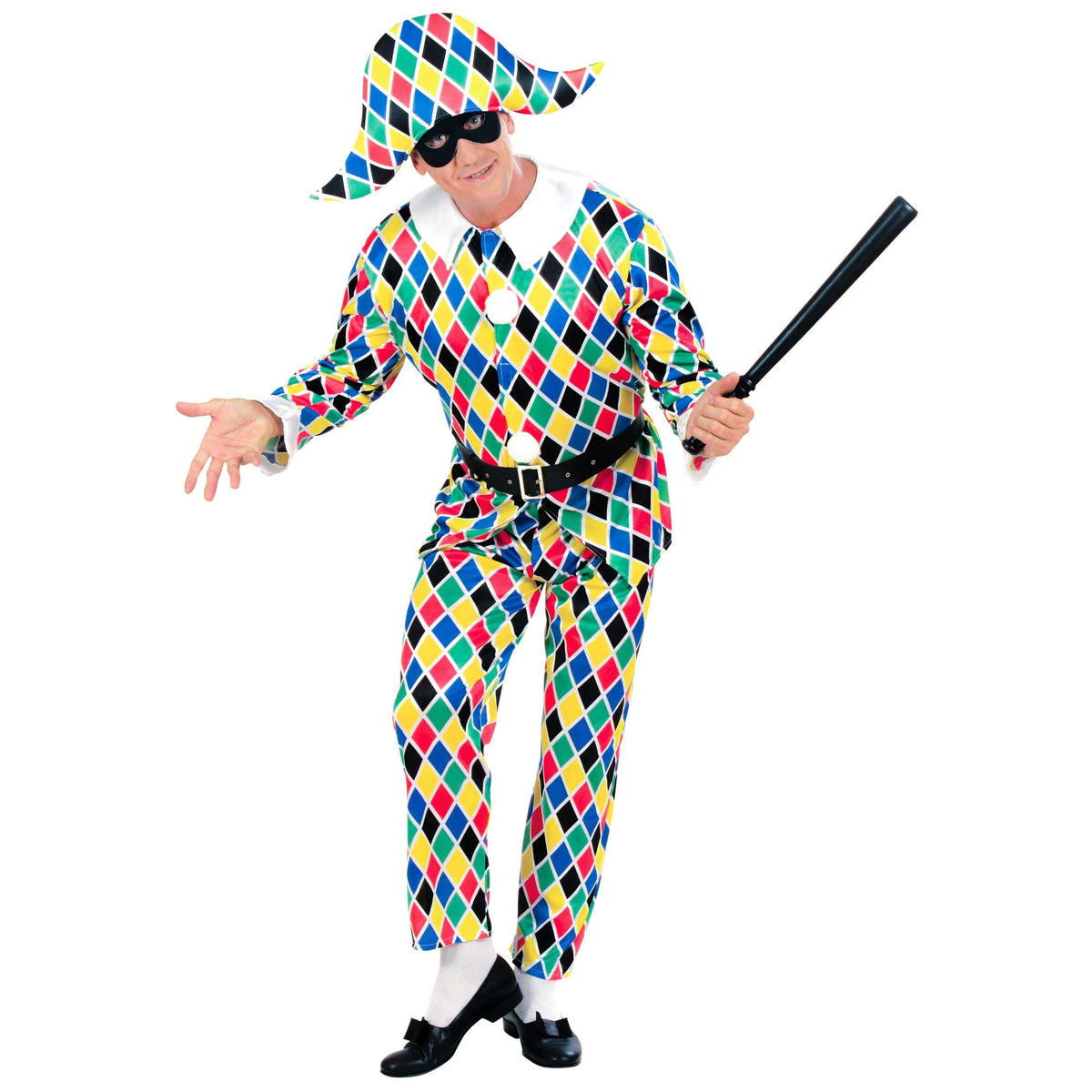 Widmann Harlekin-Kostüm mit Weste, Hose, Gürtel und Hut – Produktansicht
