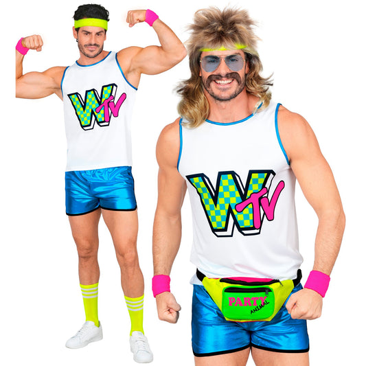 80er Jahre Aerobic Star Kostüm mit Shirt, Shorts & Stirnband für Fasnacht
