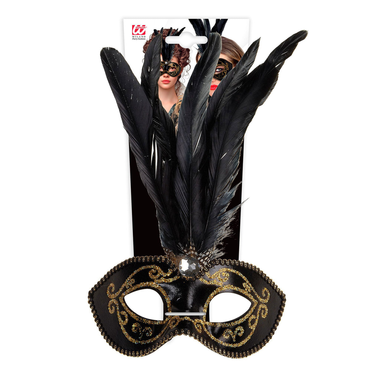 "SCHWARZE AUGENMASKE MIT GOLD, STEIN UND FEDERN"