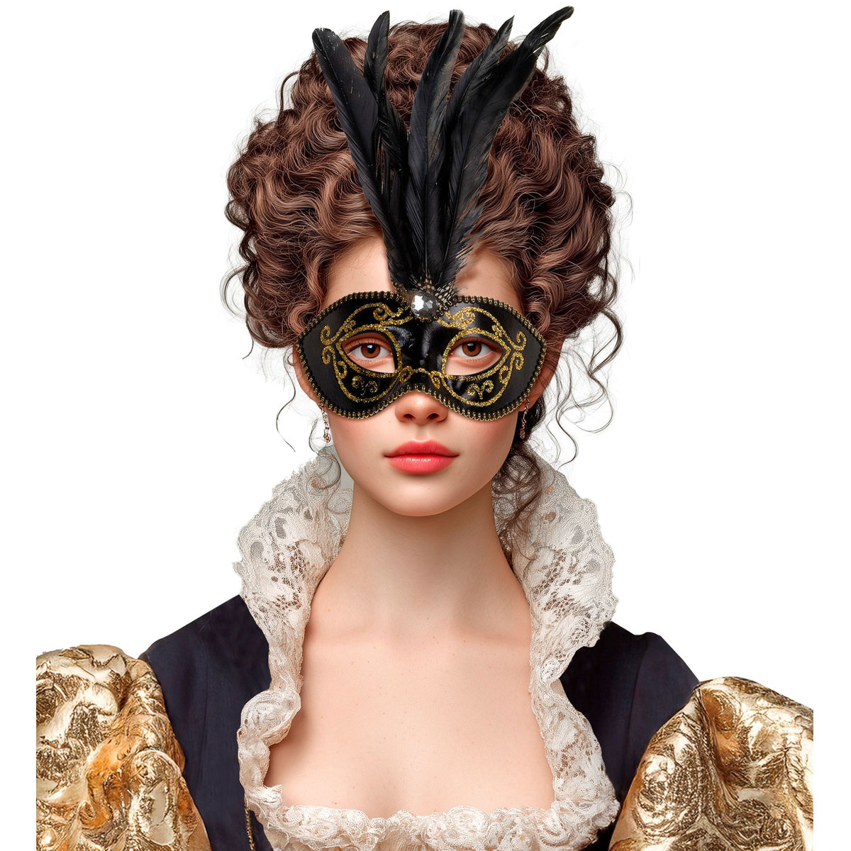 "SCHWARZE AUGENMASKE MIT GOLD, STEIN UND FEDERN"