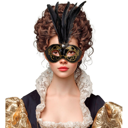 "SCHWARZE AUGENMASKE MIT GOLD, STEIN UND FEDERN"