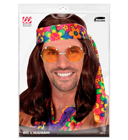 Braune Hippie-Dude-Perücke mit Stirnband von Widmann – Detailansicht