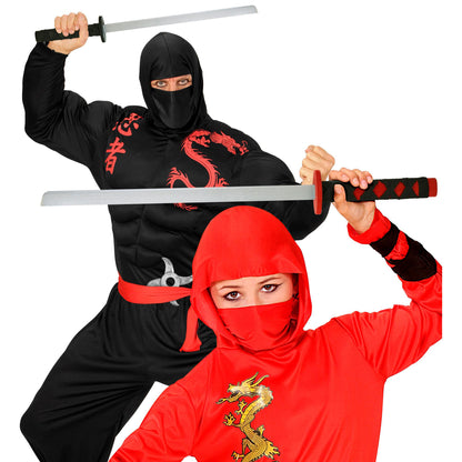 "SET VON 2 NINJA KATANAS IN ROT & SCHWARZ AUS HOLZ" 72 cm