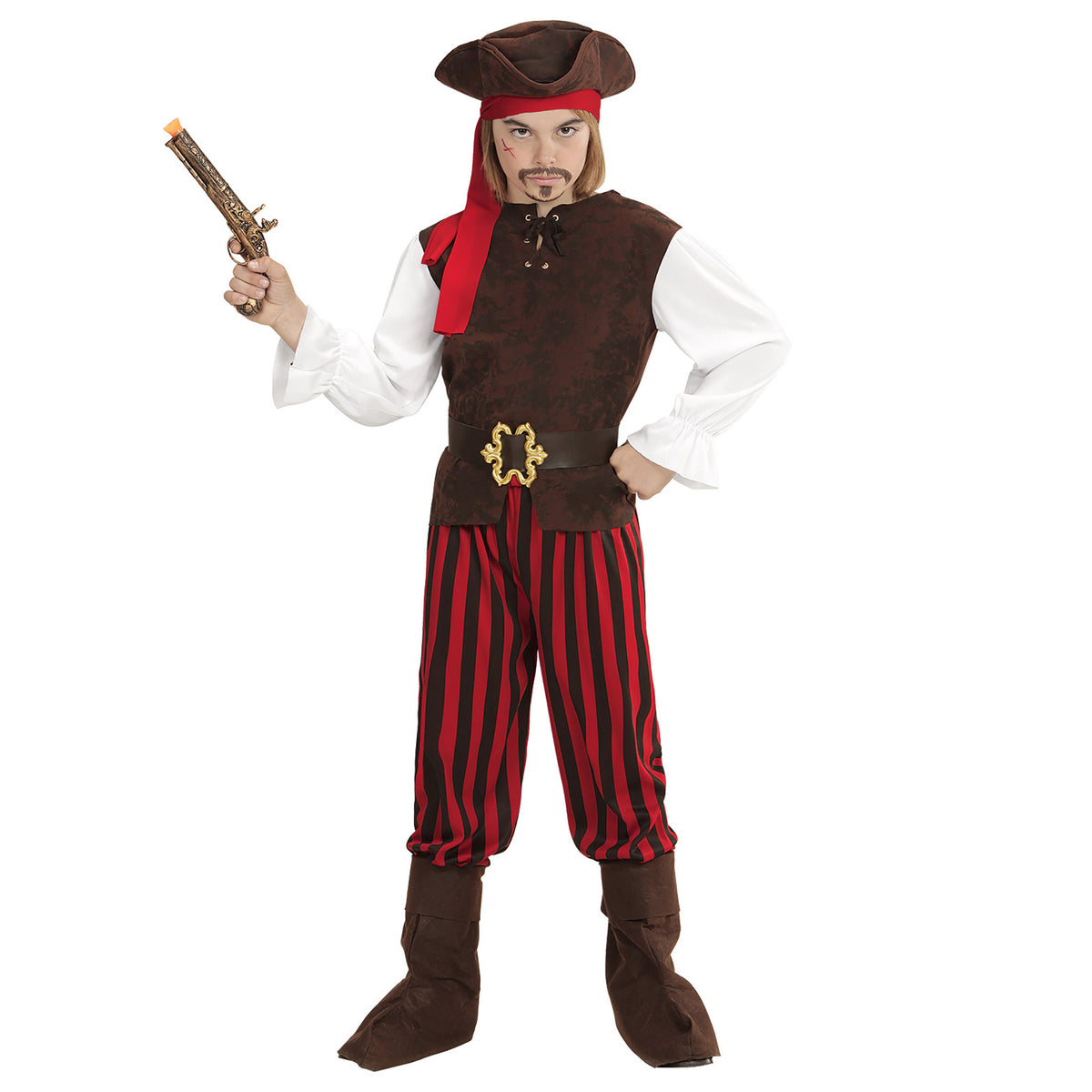 "PIRAT DER KARIBIK" (Hemd mit Weste, Hose, Gürtel, Stiefelüberzieher, Stirnband, Hut)