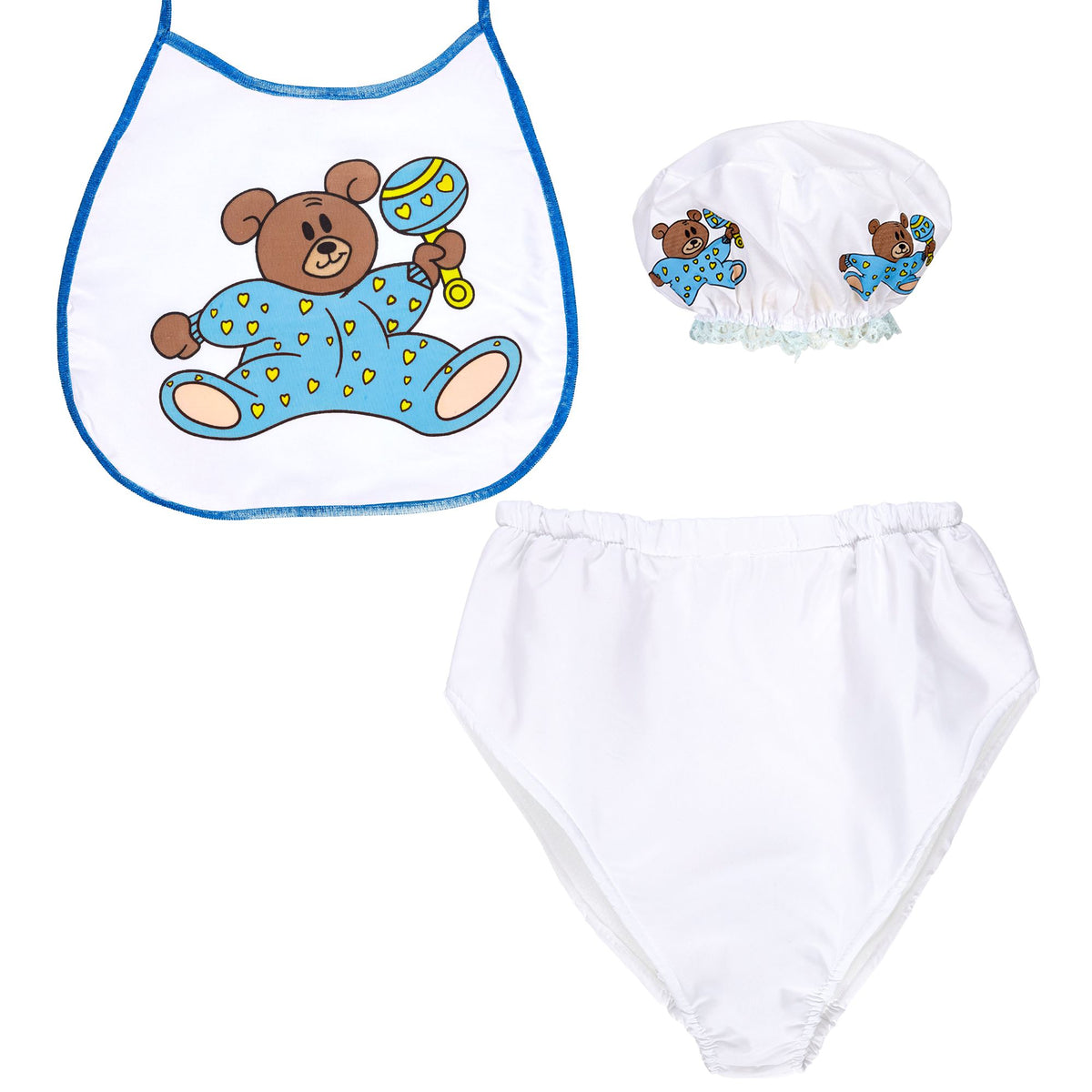 "BLAUES BABY" Verkleidungsset (Haube, Lätzchen, Riesenwindel)