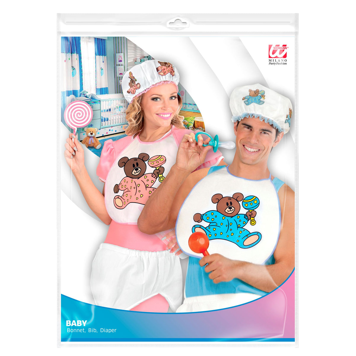 "BLAUES BABY" Verkleidungsset (Haube, Lätzchen, Riesenwindel)
