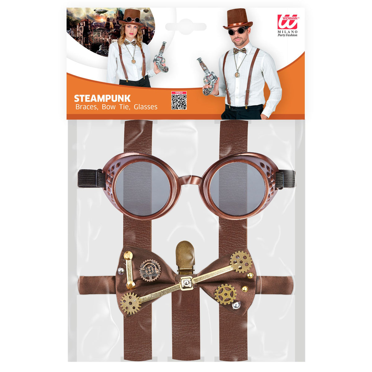 Widmann Steampunk Verkleidungsset mit Hosenträgern Fliege und Brille in Braun – Detailansicht