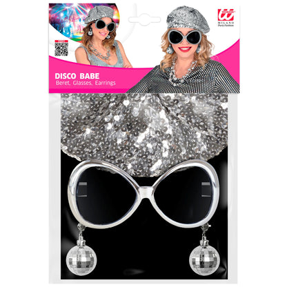 "DISCO BABE" (Paillettenmütze, brille, Discokugel Ohrringe)