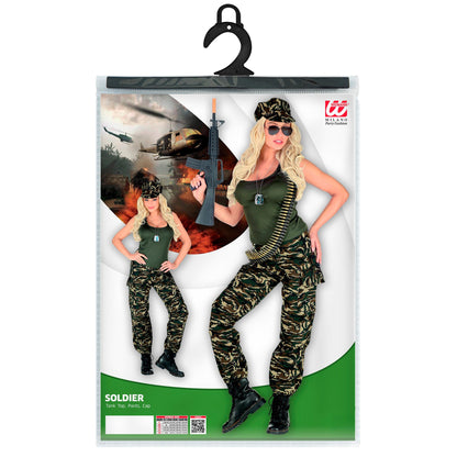 Widmann Soldatin Kostüm Damen mit Tanktop Hose und Basecap im Camouflage-Look – Verpackung
