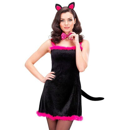 Widmann KITTY KAT Katzenkostüm aus Samt in Schwarz mit Kleid, Schwanz, Fliege und Katzenohren – Produktansicht
