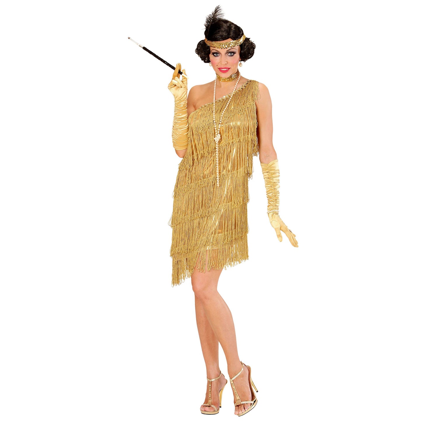 Elegantes Charleston-Kleid mit Pailletenhalsband und Feder-Stirnband für stilvolle Fasnacht