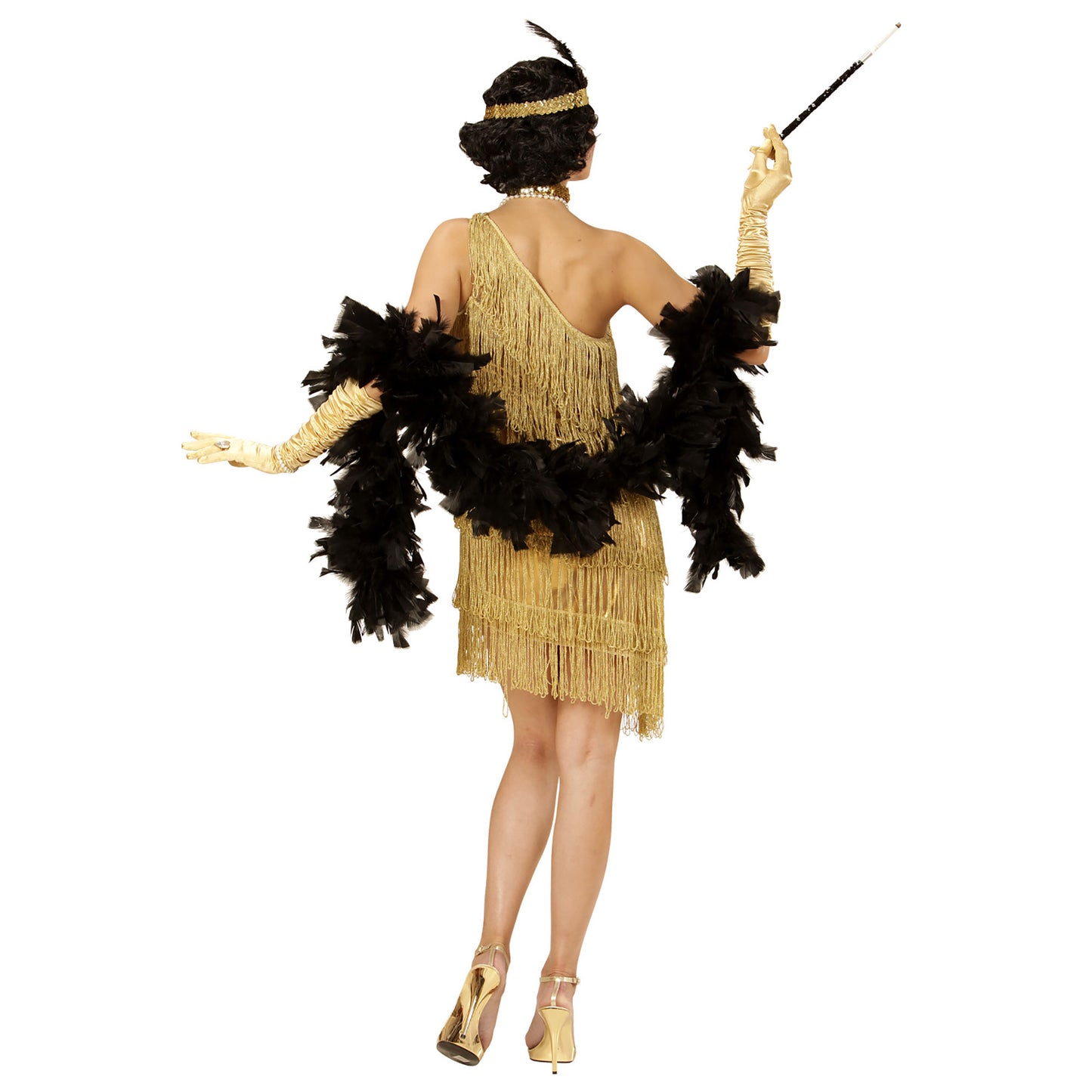 Elegantes Charleston-Kleid mit Pailletenhalsband und Feder-Stirnband für stilvolle Fasnacht