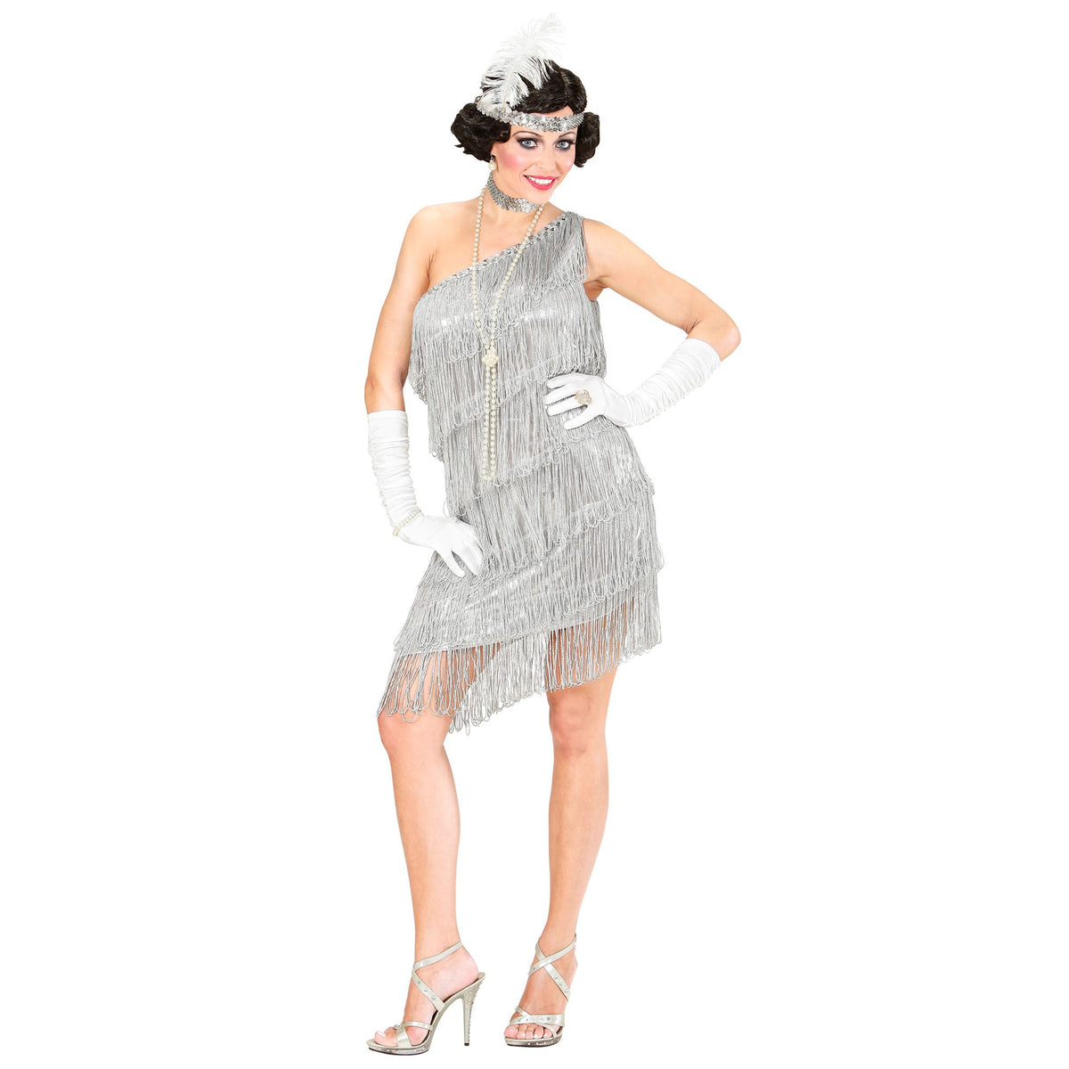 "CHARLESTON" (Kleid, Pailletenhalsband, Stirnband mit Feder)