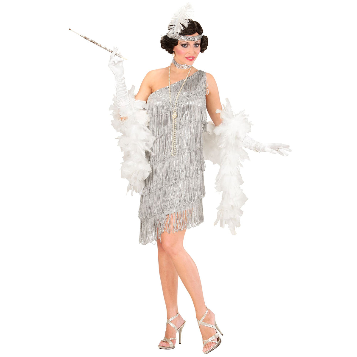"CHARLESTON" (Kleid, Pailletenhalsband, Stirnband mit Feder)