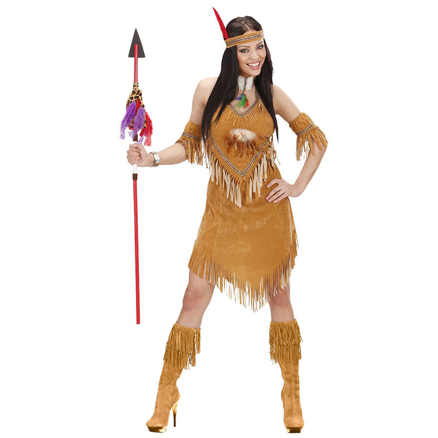 Widmann Indianerin-Kostüm in brauner Wildleder-Optik mit Kleid, Armbändern und Stirnband – Produktansicht