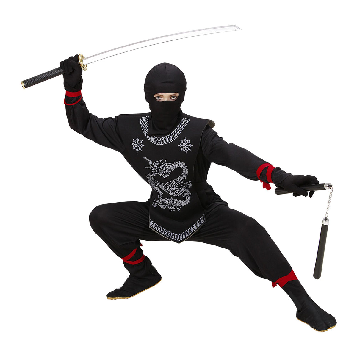 Schwarzes Widmann Ninja-Kostüm für Kinder mit Maske – Detailansicht