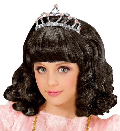 Schwarze Prinzessin-Perücke mit Tiara von Widmann in Box – Produktansicht