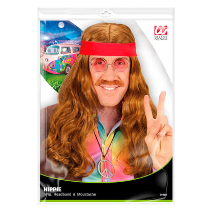 "HIPPIE PERÜCKE MIT ROTEN STIRNBART & SCHNURRBART" in Polybag