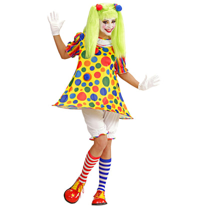 "CLOWN" (Kleid mit Bund und Reifen, Knickerbocker, Haargummis mit Pom Pom)