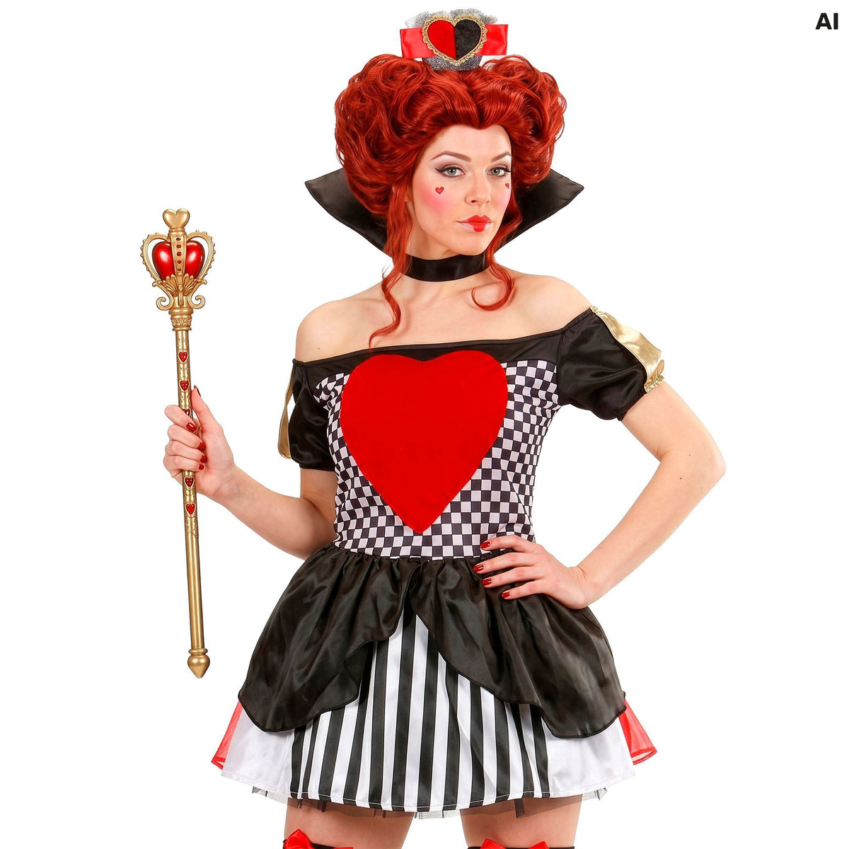 "KÖNIGIN DER HERZEN" (Kleid, Stehkragen mit Kette, Kopfbedeckung)