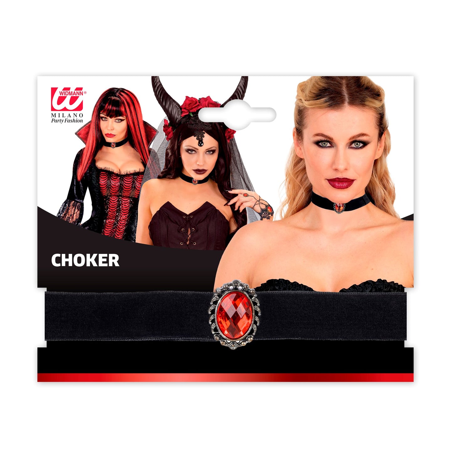 Elegantes schwarzes Samthalsband mit rotem Juwel – stilvolles Accessoire für Fasnacht & Halloween