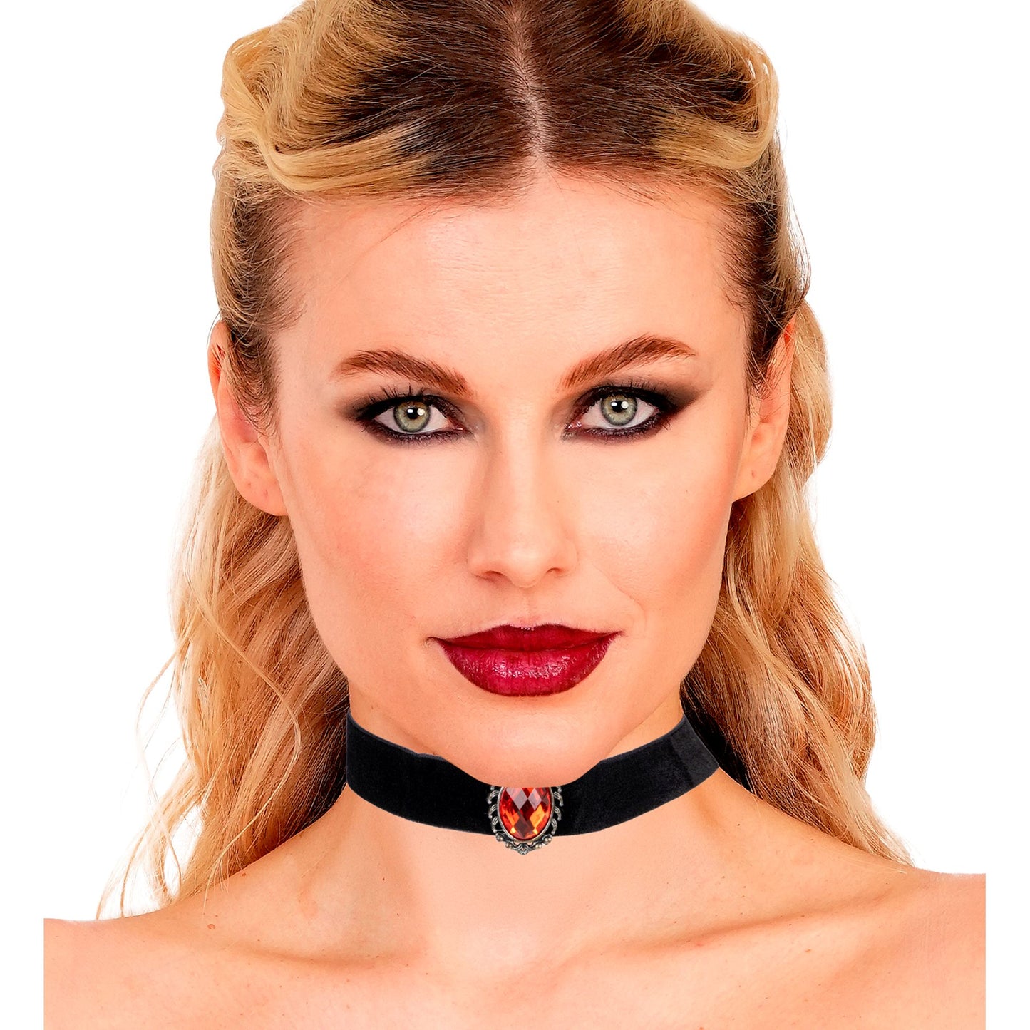 Elegantes schwarzes Samthalsband mit rotem Juwel – stilvolles Accessoire für Fasnacht & Halloween