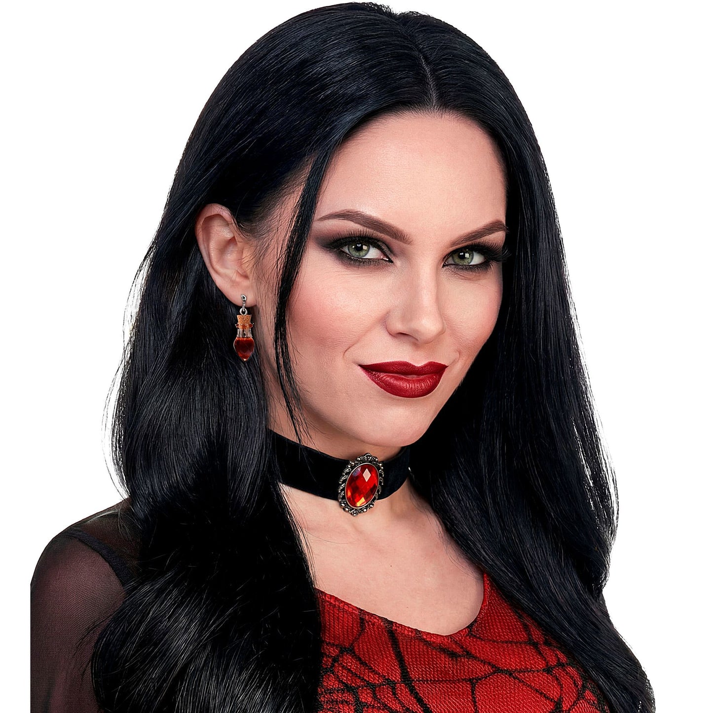 Elegantes schwarzes Samthalsband mit rotem Juwel – stilvolles Accessoire für Fasnacht & Halloween