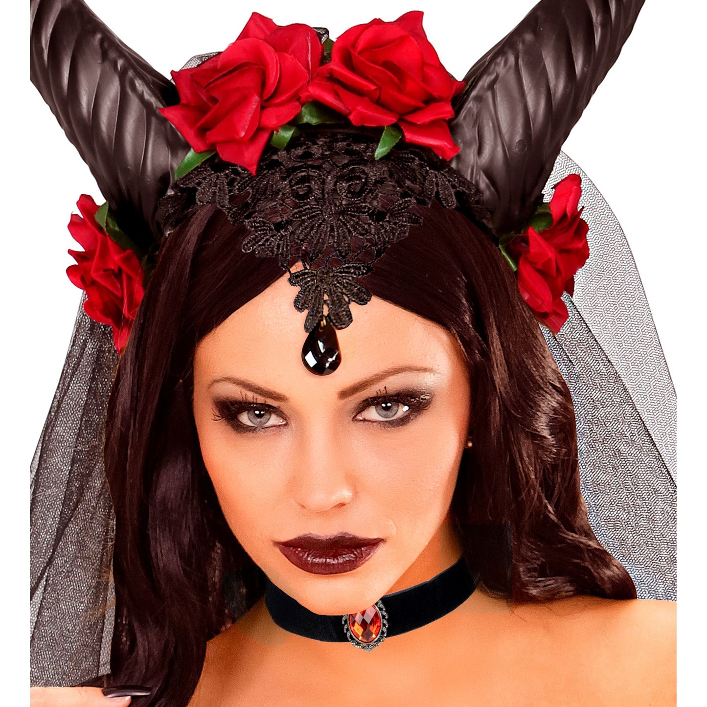 Elegantes schwarzes Samthalsband mit rotem Juwel – stilvolles Accessoire für Fasnacht & Halloween