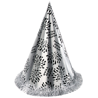 Widmann Kegelhut Happy New Year silber mit Fransen 28 cm – Produktansicht