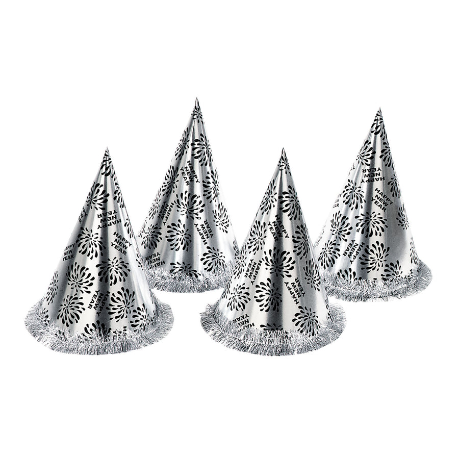 Widmann Kegelhut Happy New Year silber mit Fransen 28 cm – Detailansicht
