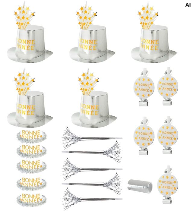 "PARTY KIT BONNE ANNÉE SILBER" für 10 Personen (5 Zylinder, 5 Kronen, 5 Trompeten, 5 Luftrüssel, 1 Rolle aus 10 dekorativen Luftschlangen)