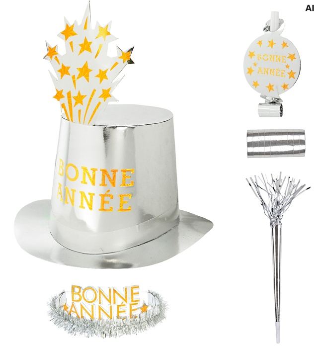 "PARTY KIT BONNE ANNÉE SILBER" für 10 Personen (5 Zylinder, 5 Kronen, 5 Trompeten, 5 Luftrüssel, 1 Rolle aus 10 dekorativen Luftschlangen)